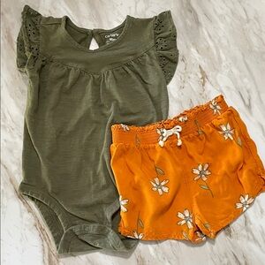 Carter's Olive Onesie and Orange Daisy Shorts Set